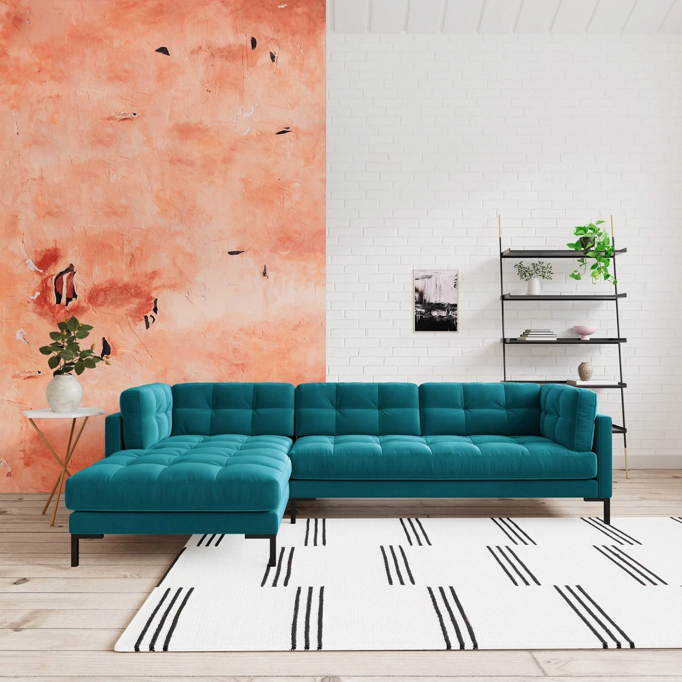 Swoon Landau Velvet Left Hand Corner Sofa - Kingfisher Blue 4 Swoon Landau Velvet Left Hand Corner Sofa - Kingfisher Blue - Image 2