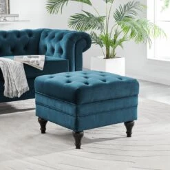 Habitat Chesterfield Velvet Storage Footstool - Blue -Trend Furniture 3369683 R Z004A